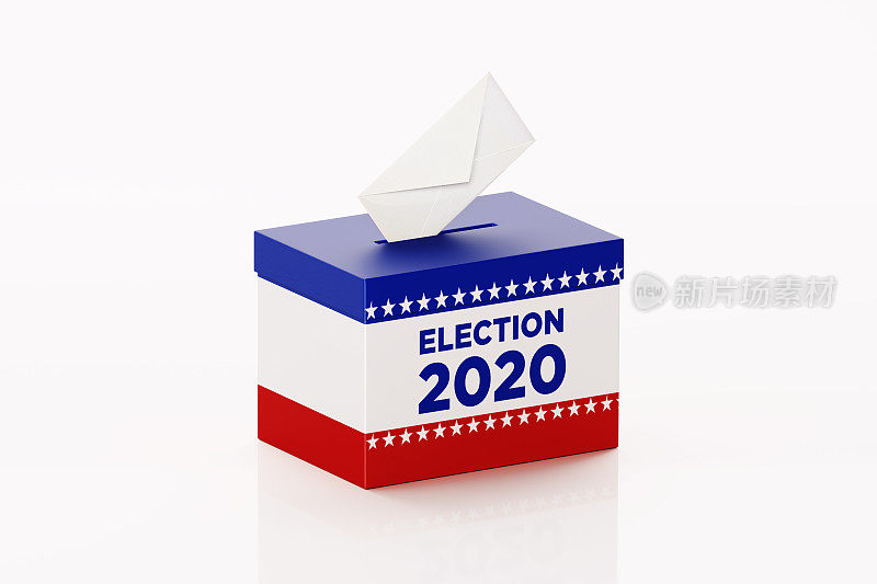 2020年大选:白色背景上的手写选票箱和白色信封
