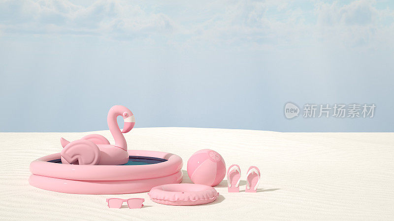 粉红色的充气火烈鸟在充气游泳池，最小的夏季和旅游概念