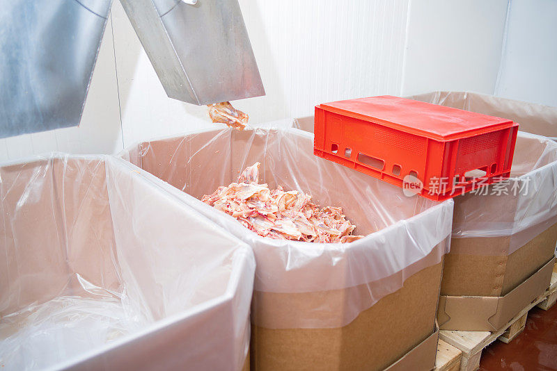 肉类加工厂。肉类生产线。鸡骨头放在一个大箱子里，是肉类加工产生的废物。用于肉类包装和切割的生产线。肉制品工厂的工业设备。