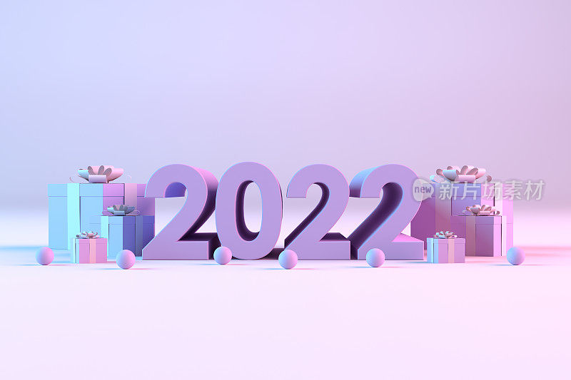 2022年新年，礼品盒，霓虹灯
