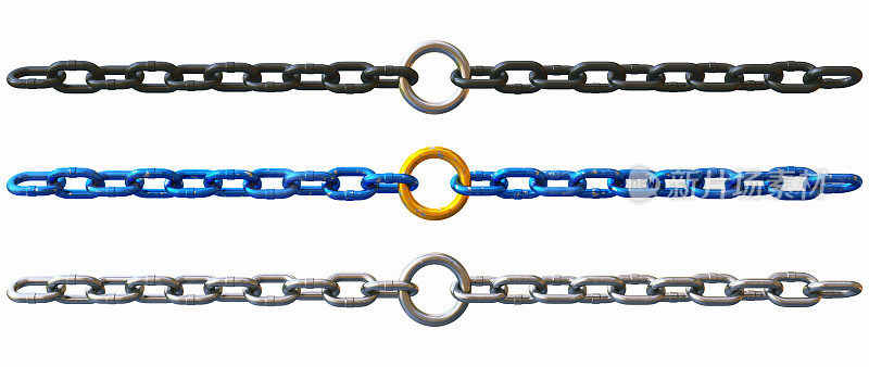 三个不同的金属线束链隔离在白色背景上。广泛的水平组合。