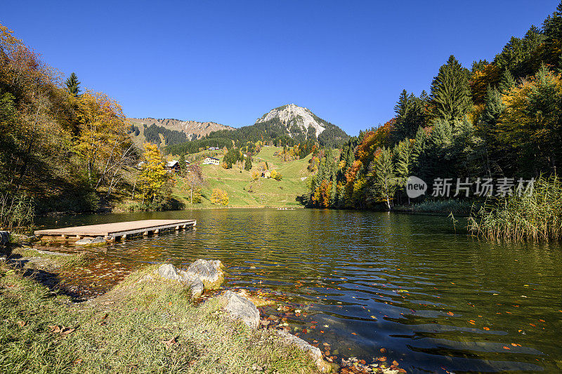 湖上有五颜六色的树木，有码头和山脉