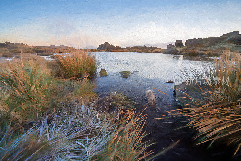 农村景观。艺术数字油画日出在蟑螂的Doxey池，在山顶区国家公园。