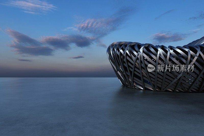 3d渲染未来主义建筑背景与空混凝土地板，汽车呈现。