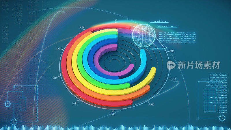 摘要彩色圆形图表与蓝色信息图叠加在黑暗的背景。