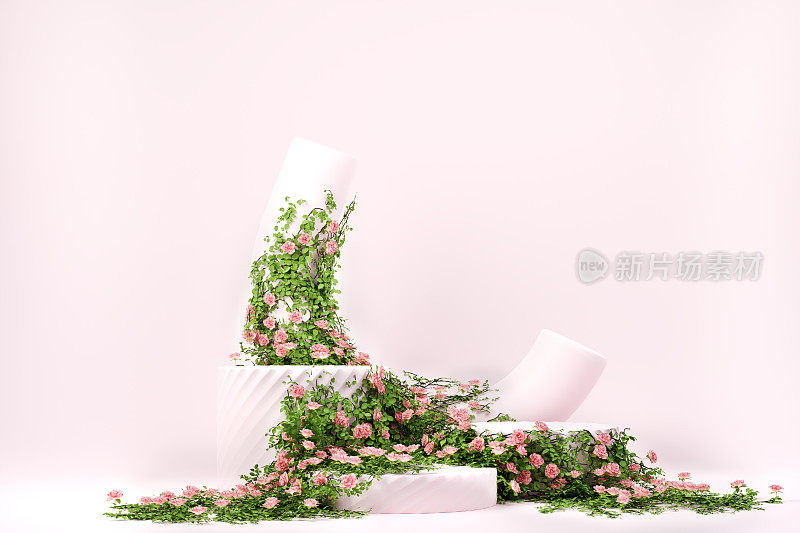 3d春季花卉场景与讲台上粉红色粉彩背景显示