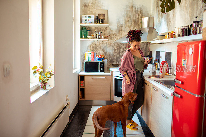 年轻的女人在厨房给她的狗吃东西