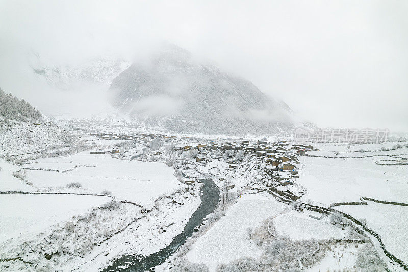 冰冻的河流和白雪覆盖的森林