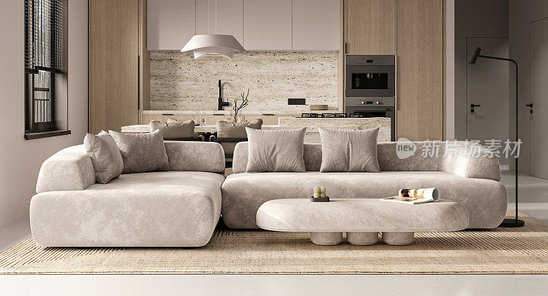 宽敞的现代客厅，米色沙发和开放式厨房，优雅的室内3d渲染
