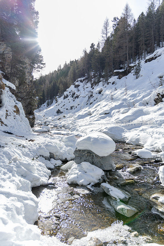 宁静的冬季小溪与白雪覆盖的岩石的特写