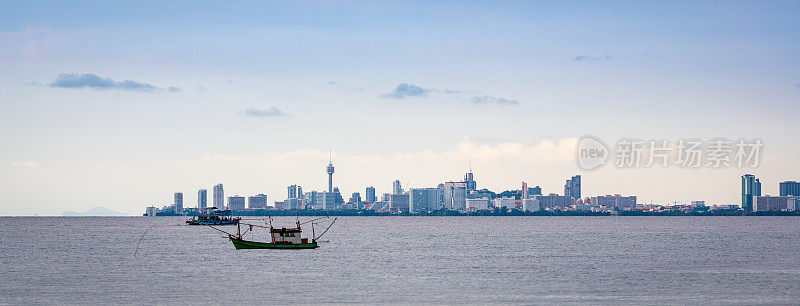 日落时金色天空的大城市景观