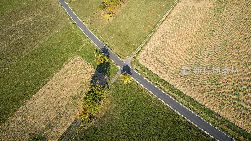 道路穿过农业区，鸟瞰图