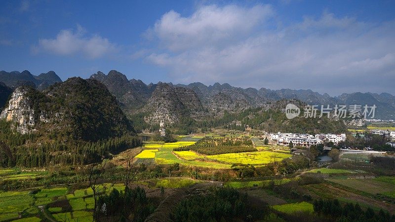 村和油菜花田在喀斯特山峰森林