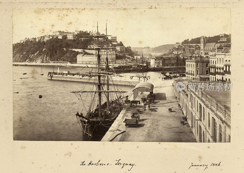 帆船，托基港，19世纪，古代维多利亚时期的照片