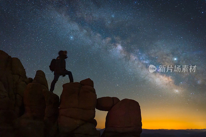 银河系。夜空和一个站立的人的剪影