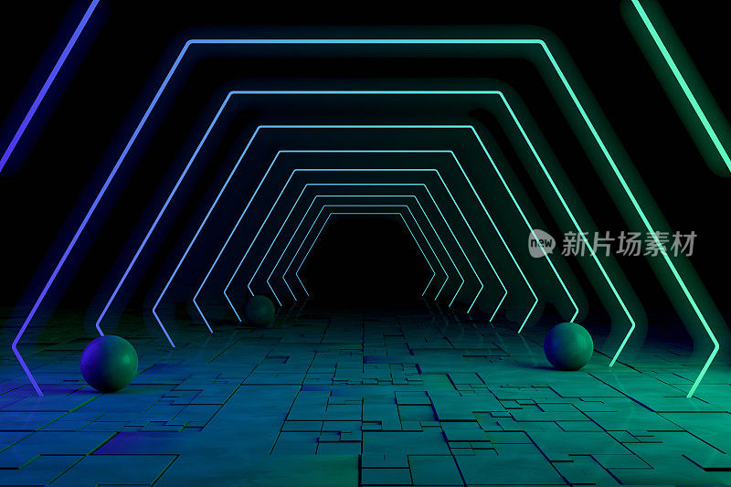 紫外氖激光发光六边形线，光隧道，抽象三维背景
