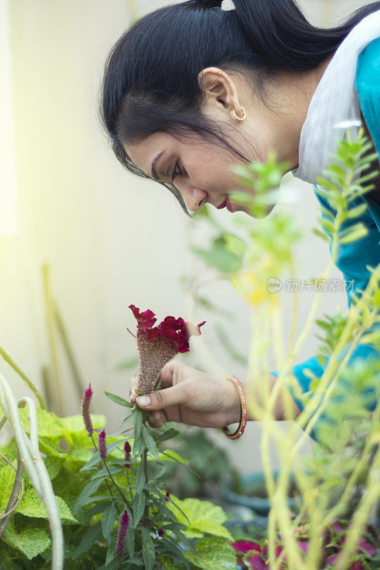 女人闻花的肖像