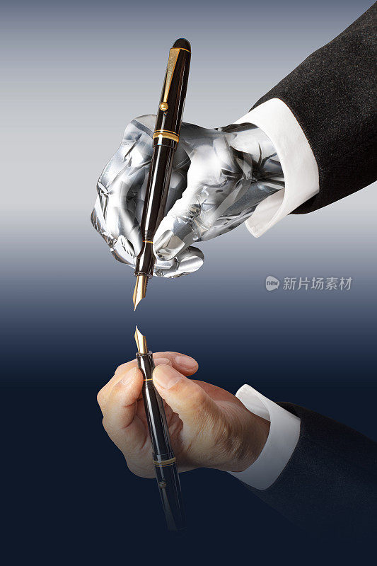 商人AI机器人手和人类手与自来水笔