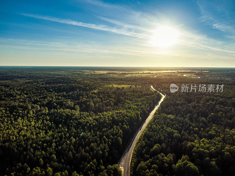 蜿蜒的道路通过森林航拍