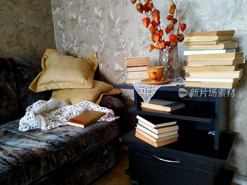 一个舒适的地方，阅读和一杯茶在沙发上