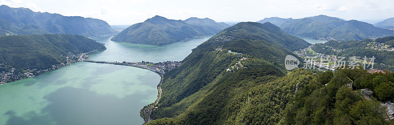 卢加诺湖和山脉的鸟瞰图