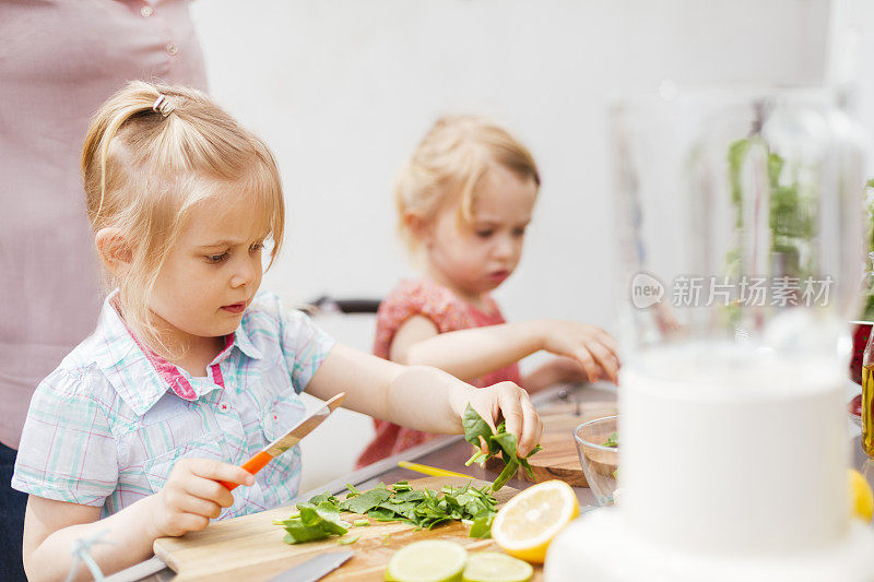 两个小女孩正在切水果和蔬菜准备奶昔