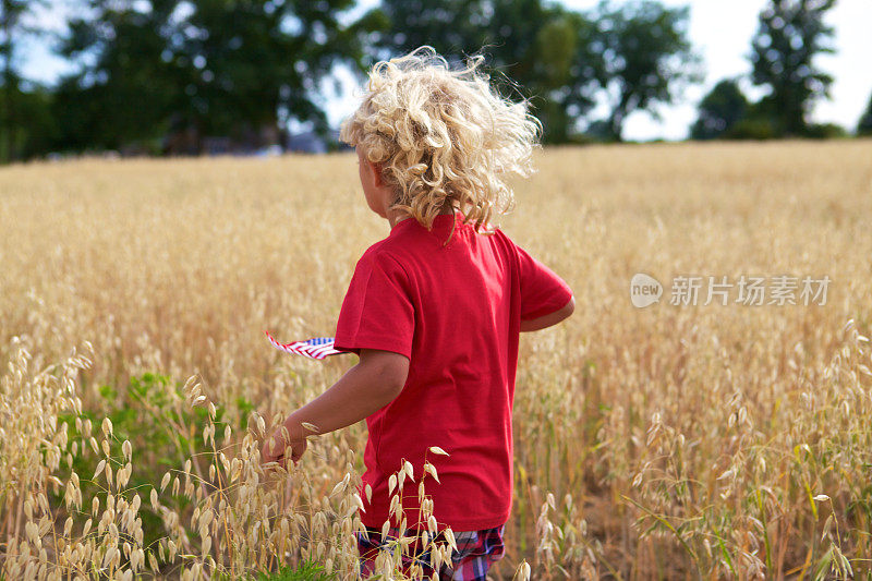 一个孩子在农场的燕麦地里玩耍的画面