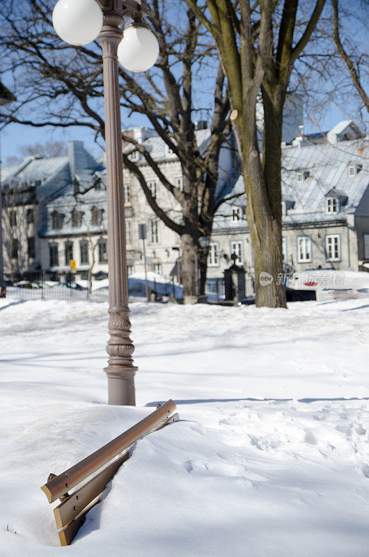 白雪下的公共长椅和灯柱上的圣安妮街