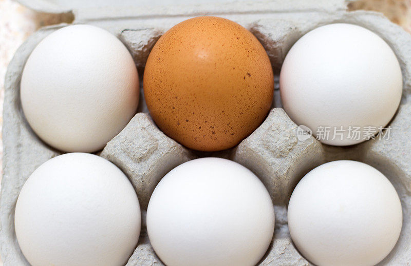 灰纸板箱六个鸡蛋;五个白色，一个棕色
