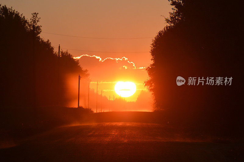 夕阳照亮了宁静的乡间小路上的晨雾