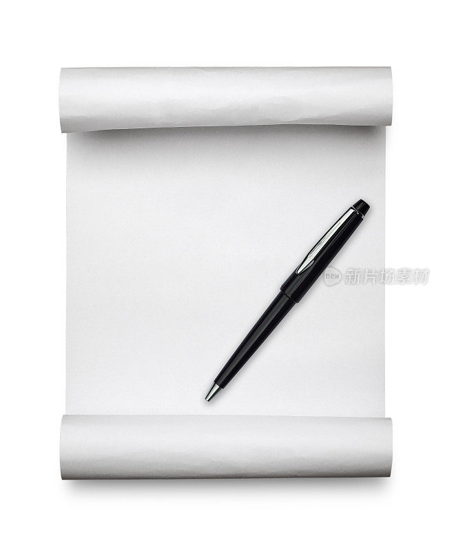 用钢笔在白色背景上画卷纸