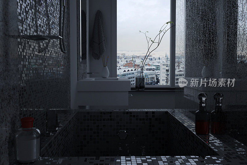 豪华浴室的3d渲染与马赛克瓷砖。从浴缸到城市屋顶的景观