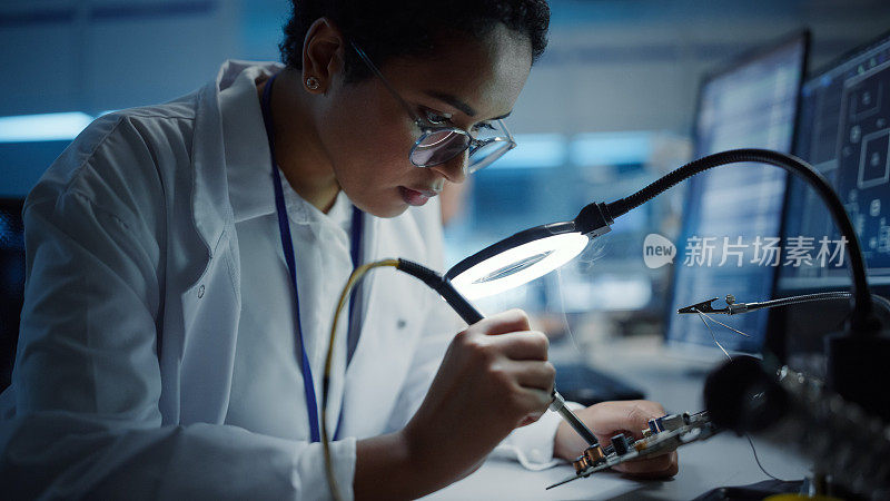 现代电子研究，发展设施:黑人女工程师做电脑主板焊接。科学家设计PCB，硅微芯片，半导体。特写肖像拍摄