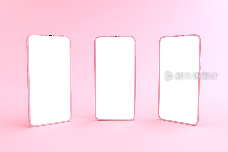 3D渲染模型粉色智能手机白色屏幕在粉色地板上，粉色手机倾斜躺在地上。智能手机白屏可用于广告，隔离在粉色背景上。