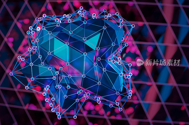 多边形黑色物体，上面有网格结构。三维物体，数字生成的图像