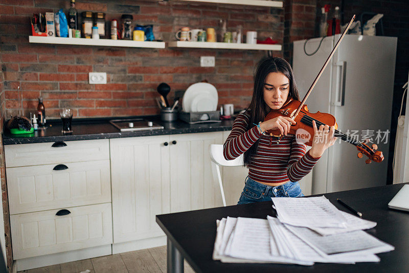 专注的女性小提琴手演奏小提琴，她完全专注于练习技巧。
