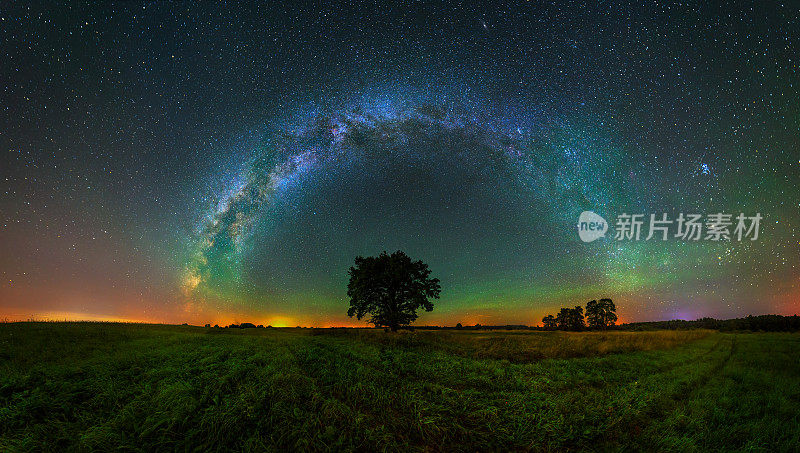 夜空中银河的全景图，深邃的星空和头顶的银河