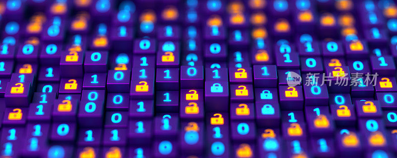 加密数据。二进制码和数字锁。黑客攻击和数据泄露。加密计算机代码的大数据。你的数据安全。网络网络安全和隐私概念。数据库存储三维图