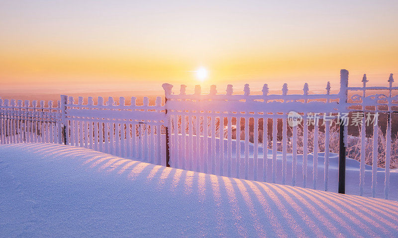 冬天的图像，雪在寒冷的清晨在冬天的黎明漂移。