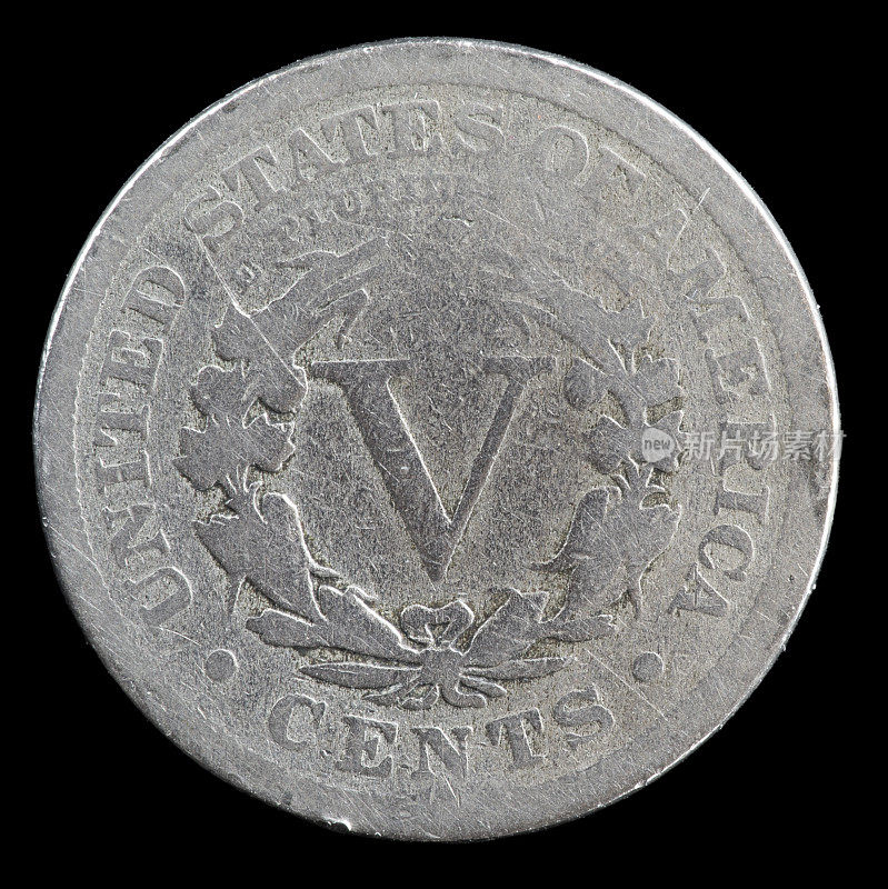 费城铸造的一枚严重磨损的1910年理发师自由头像镍币的背面。