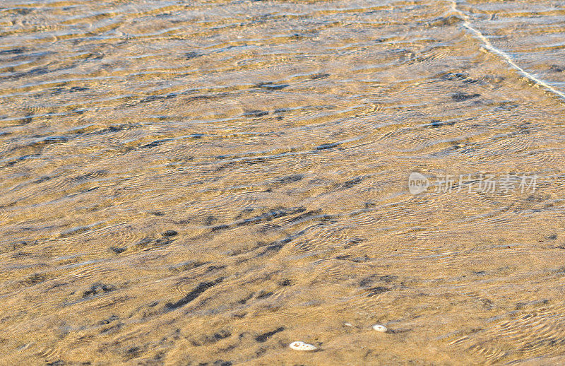 透明的海浪上有白色的泡沫，沙子上有罕见的鹅卵石。清澈的沙滩。背景与生态友好的地方休息。