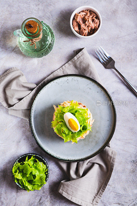 丰盛的金枪鱼罐头沙拉与蔬菜和香草在盘子顶部和垂直视图