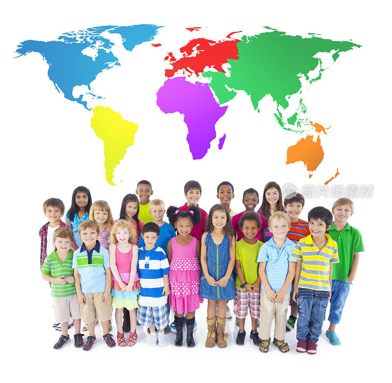 丰富多彩的世界地图与不同的儿童群体