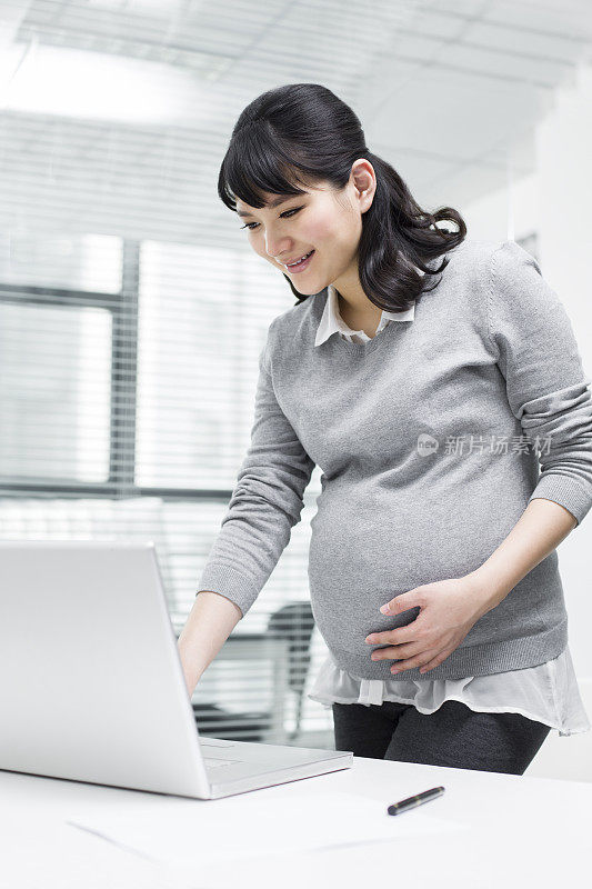 怀孕的商务女士在办公室使用笔记本电脑