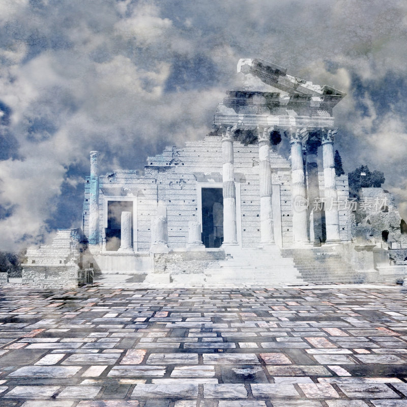 云中超现实的古罗马神庙。蓝色的色调。