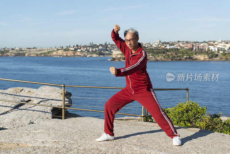 成熟的中国男子在公园里练习太极拳