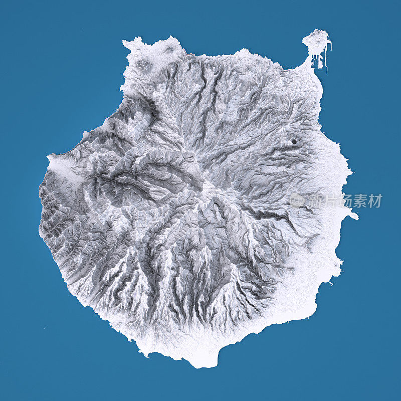 大加那利岛3D模型地形图白色顶视图