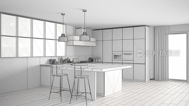 带大窗的现代厨房未完成的项目，草图抽象的室内设计