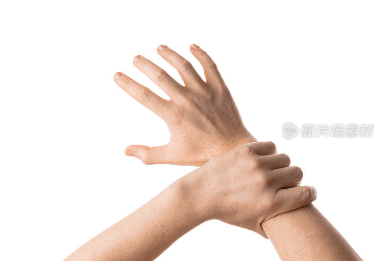 男人的手，抓住或抓住一些物体，手势。孤立在白色