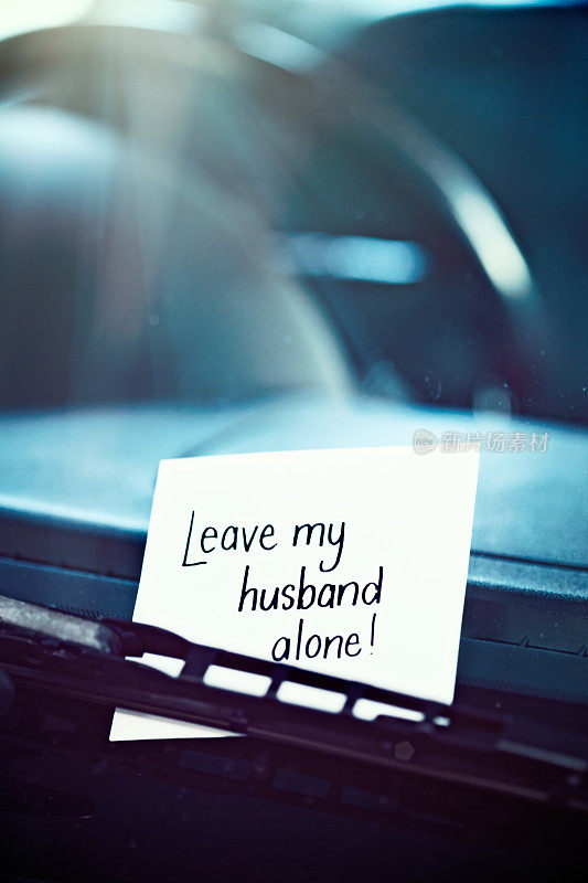 挡风玻璃的刮水器上写着:“离我丈夫远点!”